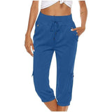 Women's Cropped Pants Cotton Linen Cargo Pocket Casual Pants-Sapphire Blue-5
