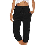 Women's Cropped Pants Cotton Linen Cargo Pocket Casual Pants-Black-6
