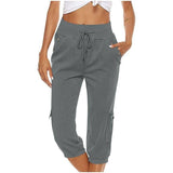 Women's Cropped Pants Cotton Linen Cargo Pocket Casual Pants-Gray-7