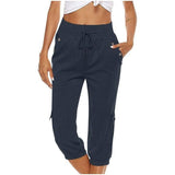 Women's Cropped Pants Cotton Linen Cargo Pocket Casual Pants-Navy Blue-8