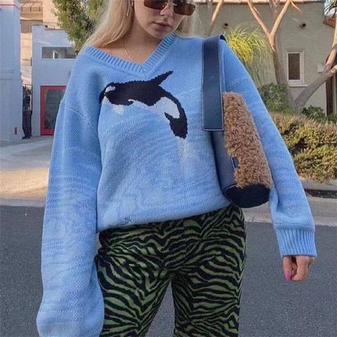 Women's Dolphin Printing Long Sleeve Loose Sweater-3