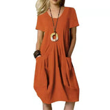 Women's Dress With Pockets Cotton Linen Solid Color Loose-Orange red-4