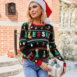 Women's Embroidered Sequin Long Sleeve Christmas Tree Knit-Black-1