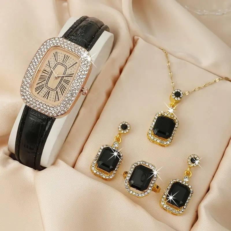 Women's Fashion All-match Diamond Belt Quartz Watch 4-piece-Black 2-14