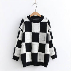 Women's Fashion Casual Chessboard Knitted Pullover Sweater-2