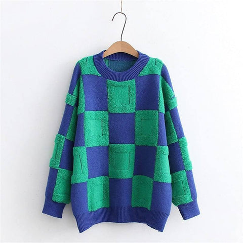 Women's Fashion Casual Chessboard Knitted Pullover Sweater-Green Grid-9