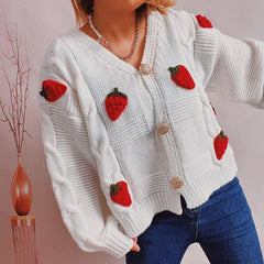 Women's Fashion Casual Loose Strawberry Embroidery-White-1