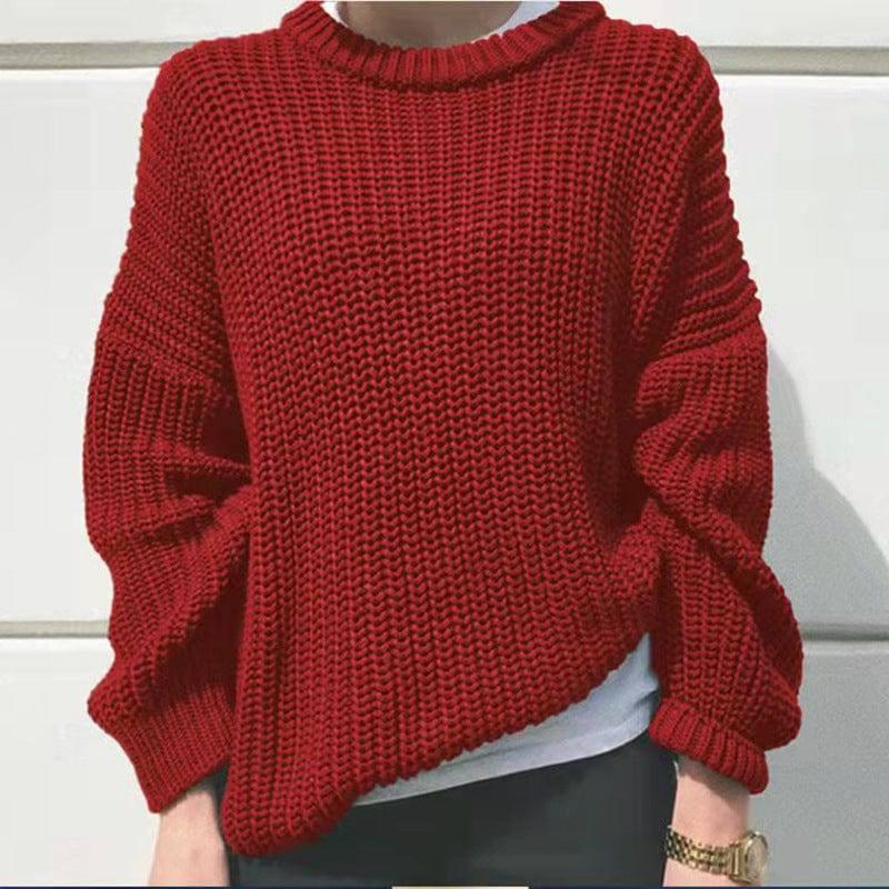 Women's Fashion Casual Simple Thick Needle Long Sleeve Round-Wine Red-5