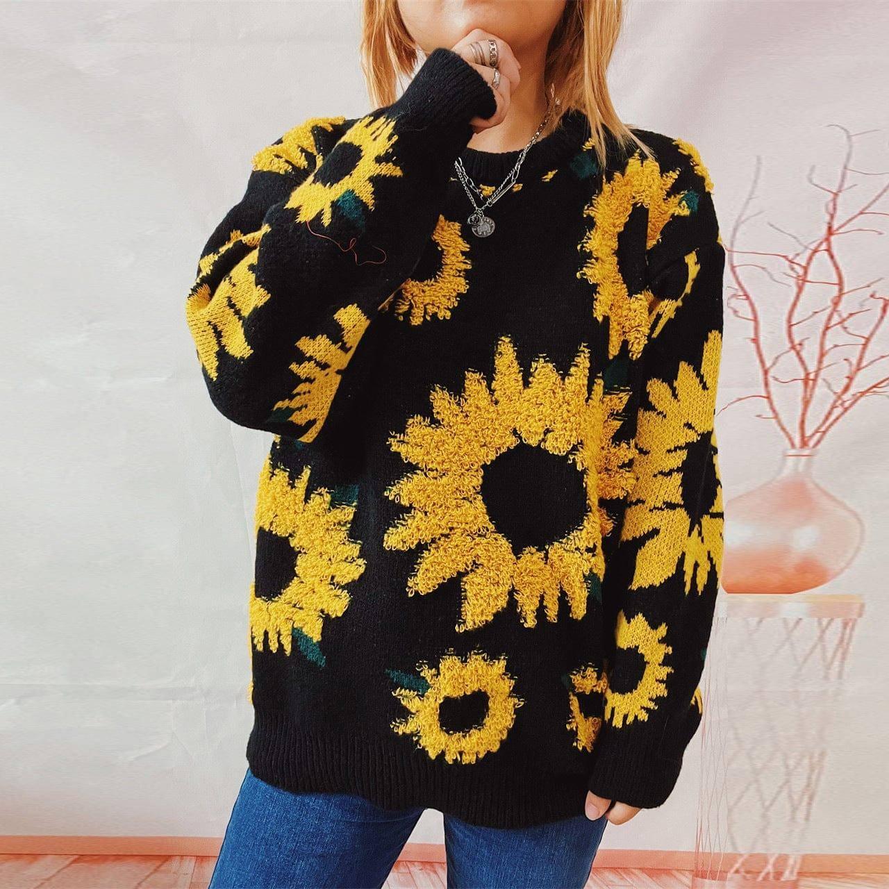 Women's Fashion Casual Sunflower Jacquard Round Neck Long-1