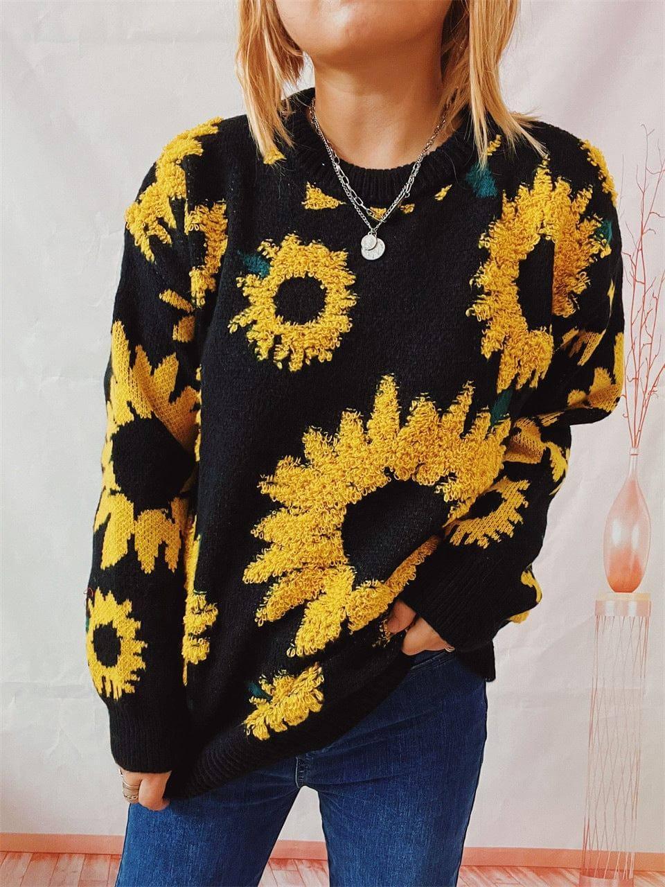 Women's Fashion Casual Sunflower Jacquard Round Neck Long-5