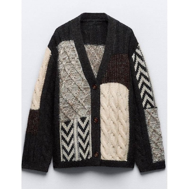 Women's Fashion Casual V-neck Color Matching Knitted Sweater-Black-7
