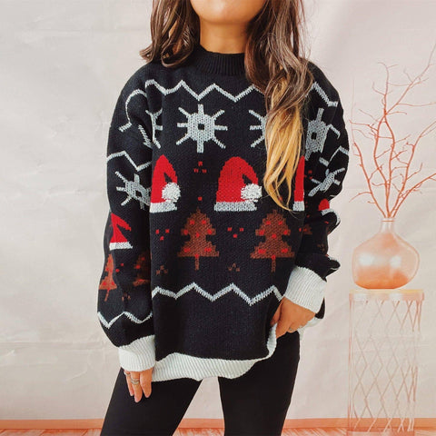 Women's Fashion Christmas Round Neck Long Sleeve Sweater-Black-8