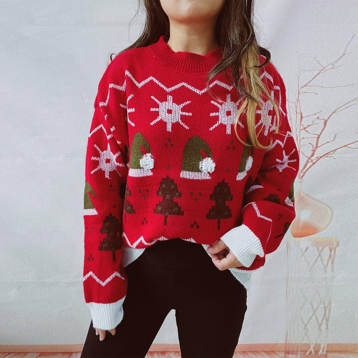Women's Fashion Christmas Round Neck Long Sleeve Sweater-Red-9