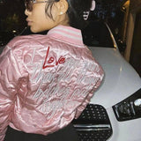 Women's Fashion Letters Embroidered Short Slim Cotton Jacket-Pink-10