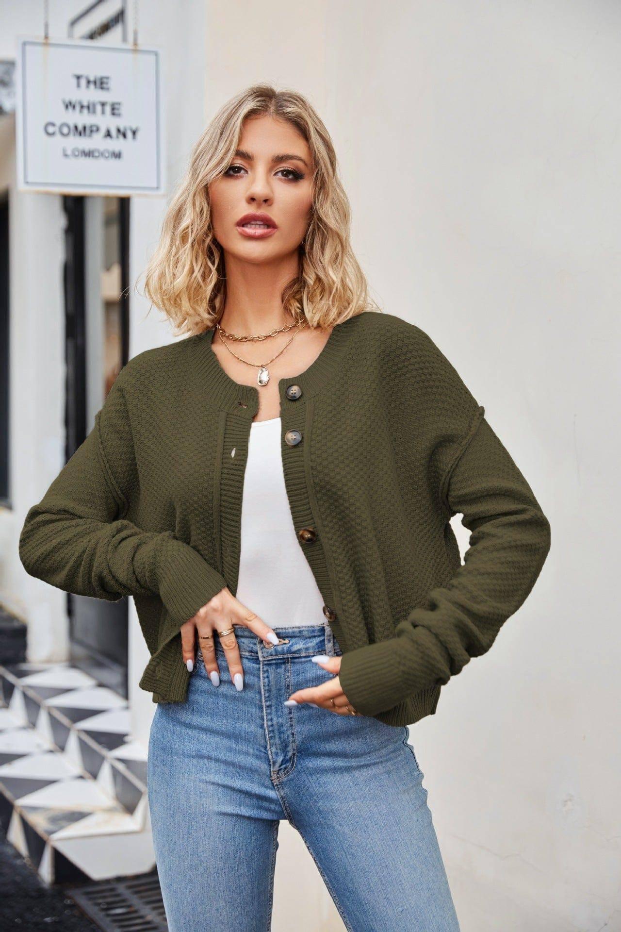 Women's Fashion Loose Retro Single Row Button Coat-Green-7
