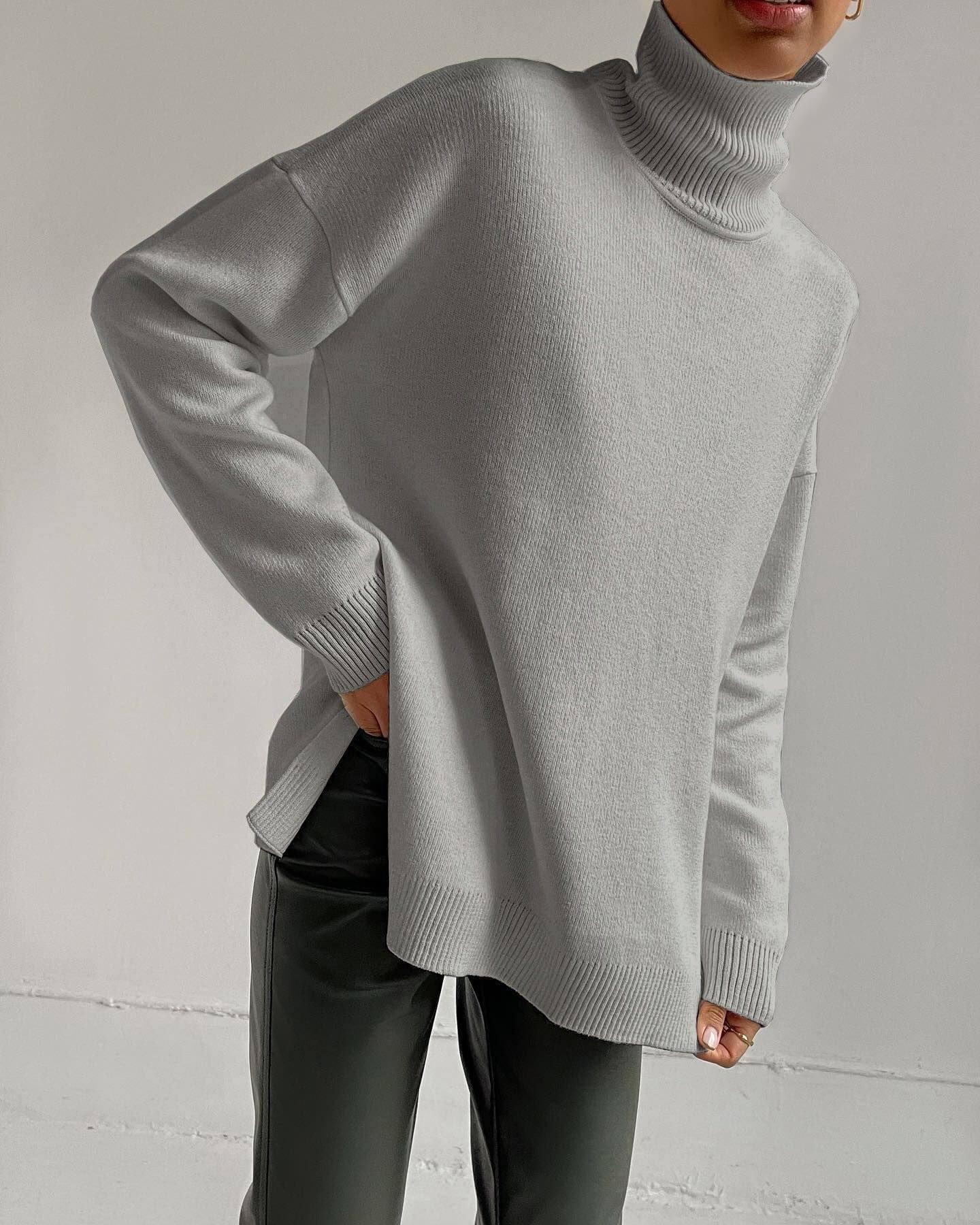 Women's Fashion Loose Turtleneck Sweater-Light Gray-10