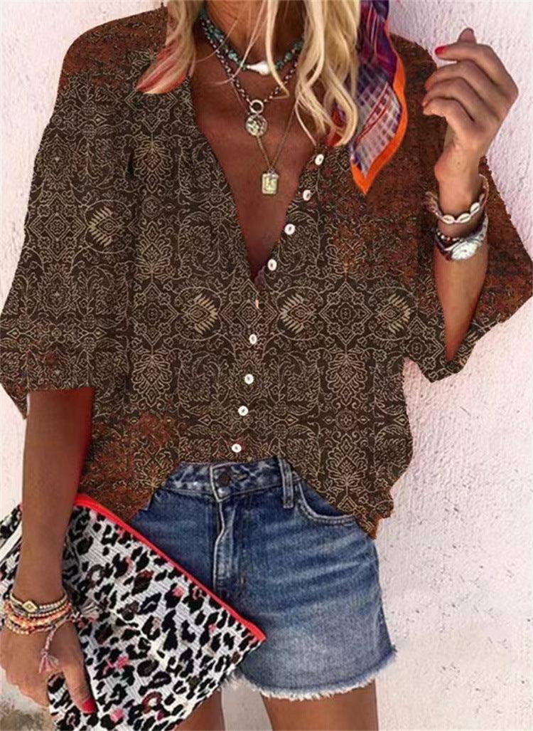Women's Fashion Stand Collar Loose Button Vintage Printed-4