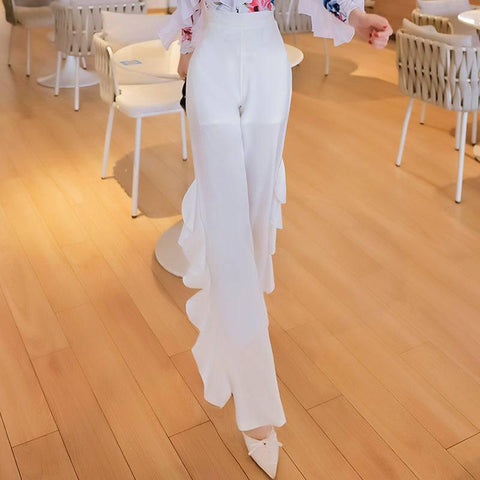 Women's Fashion Temperament Versatile Thin Ruffled Pants-White-8