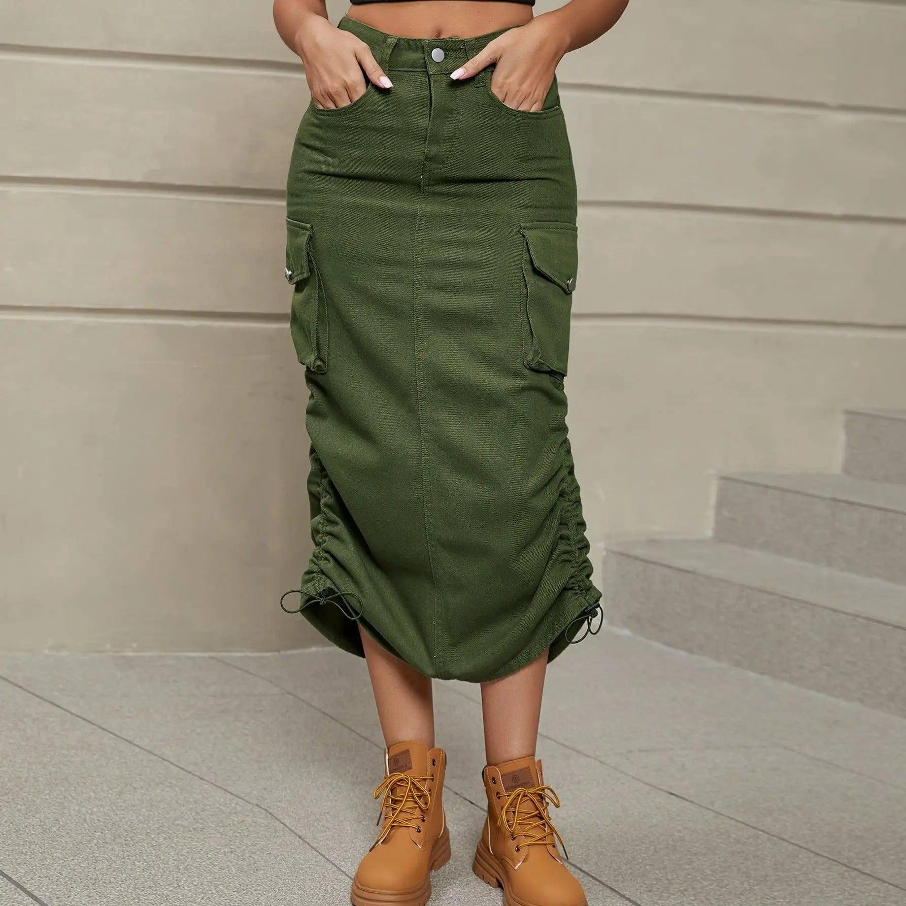 Women's Fashionable Casual Mid-length Skirt-Army Green-3