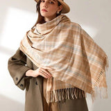 Women's Fashionable Plaid Printed Tassel Shawl Warm Scarf-4