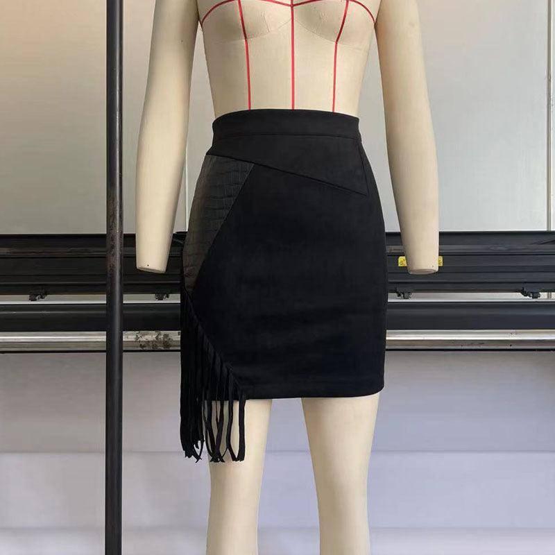 Women's Fringed Skirt Sexy Irregular High Waist Hip-Hugging-Black-7