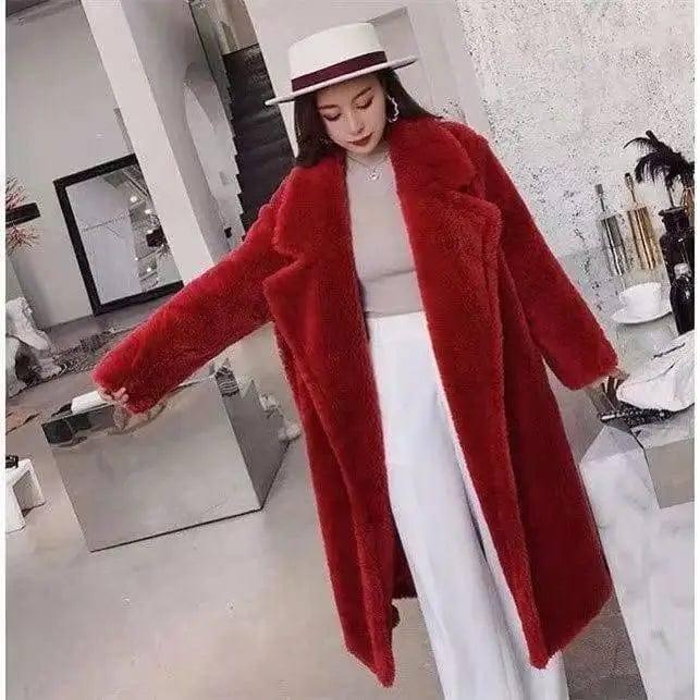 Women's Fur And Lamb Woolen Long Coat-Red-3