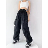 Women's Grey Loose Straight Cargo Pants-Black-2