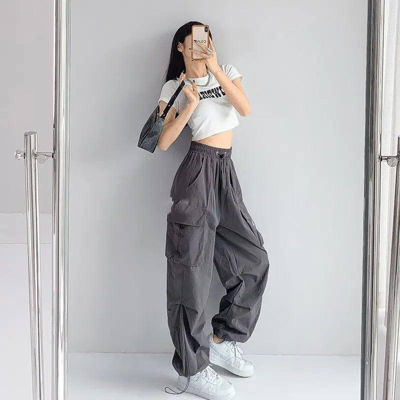 Women's Grey Loose Straight Cargo Pants-4