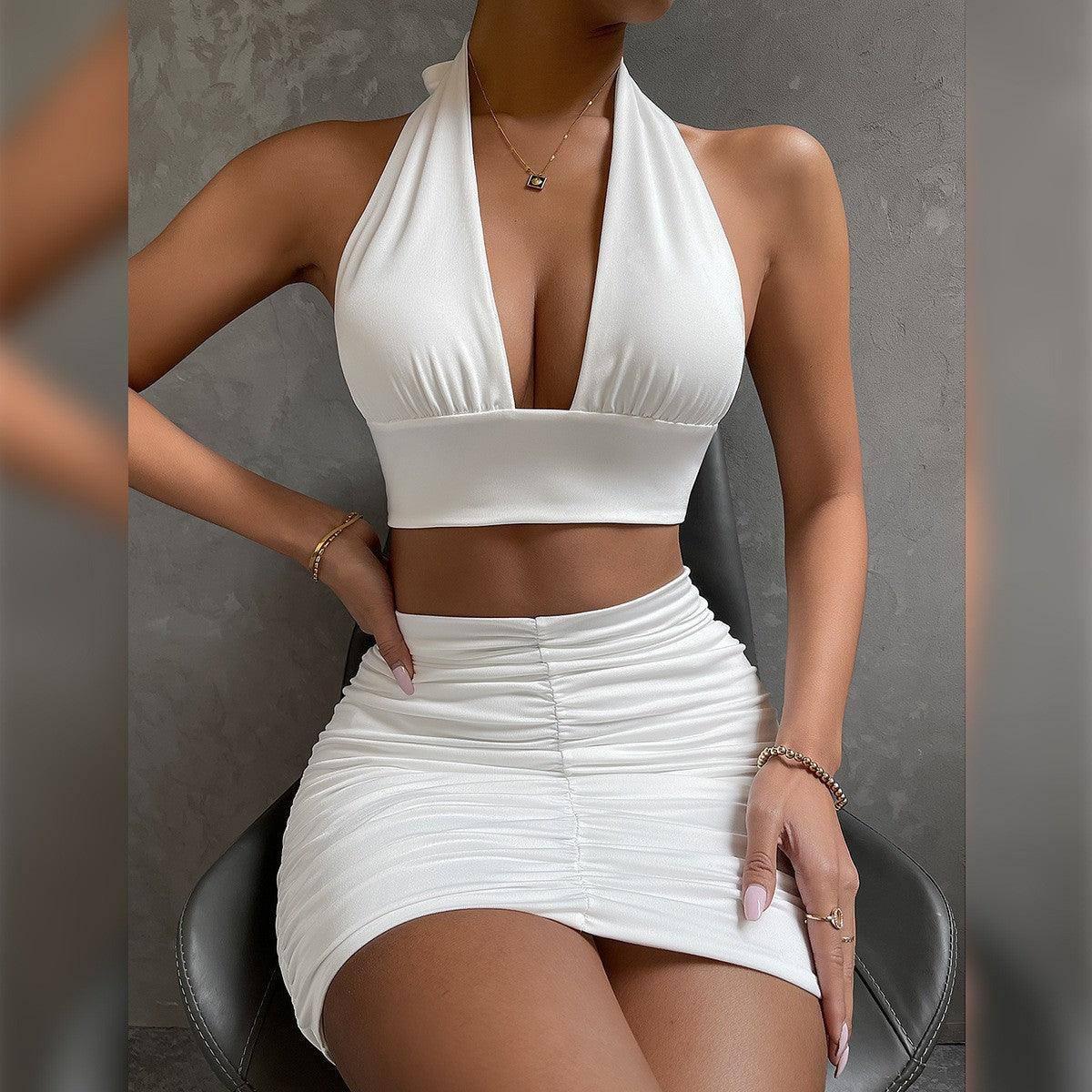 Women's Halter Lace-up Hip Skirt Two-piece Set-White-3