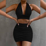 Women's Halter Lace-up Hip Skirt Two-piece Set-Black-4