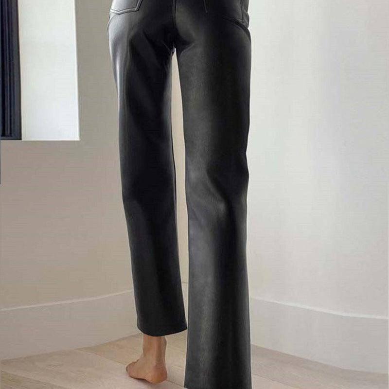 Women's High Waist Straight PU Trousers-5