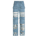 Women's High Waist Zipper Straight Ripped Jeans-Blue-11