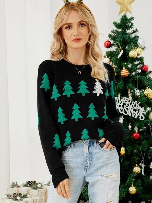 Women's Jacquard Christmas Tree Long Sleeve Red Christmas-4