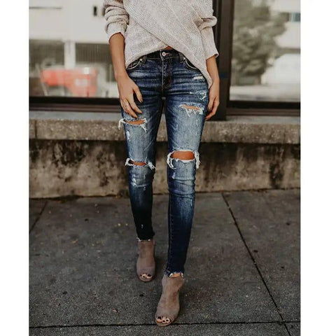 Women's jeans, pierced feet, mid-rise jeans-Blue black-1