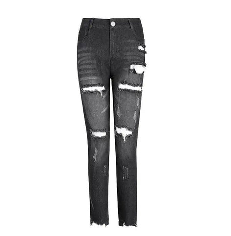 Women's jeans, pierced feet, mid-rise jeans-Black-4