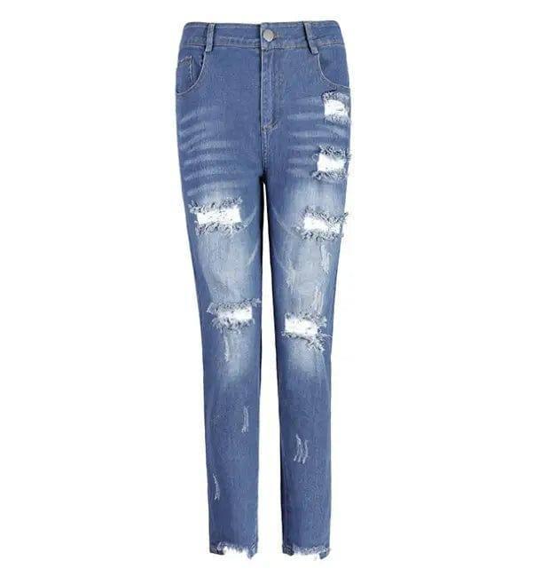 Women's jeans, pierced feet, mid-rise jeans-Sky blue-5