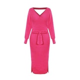 Women's Knitted Dress Slim V-neck-Pink-7