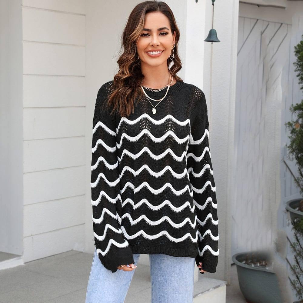 Women's Knitwear Long Sleeve Stitching Sweater-Black-4