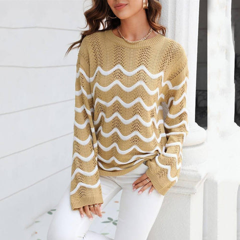 Women's Knitwear Long Sleeve Stitching Sweater-Khaki-6