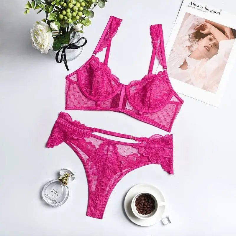 Women's Lace Eyelash Stitching Body Shaping Lingerie Set-RoseRed-2