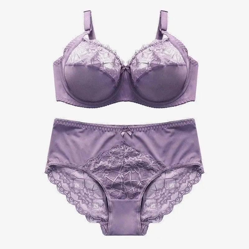 Women's Lace Underwire Push Up Lingerie Panty Set-Purple-1