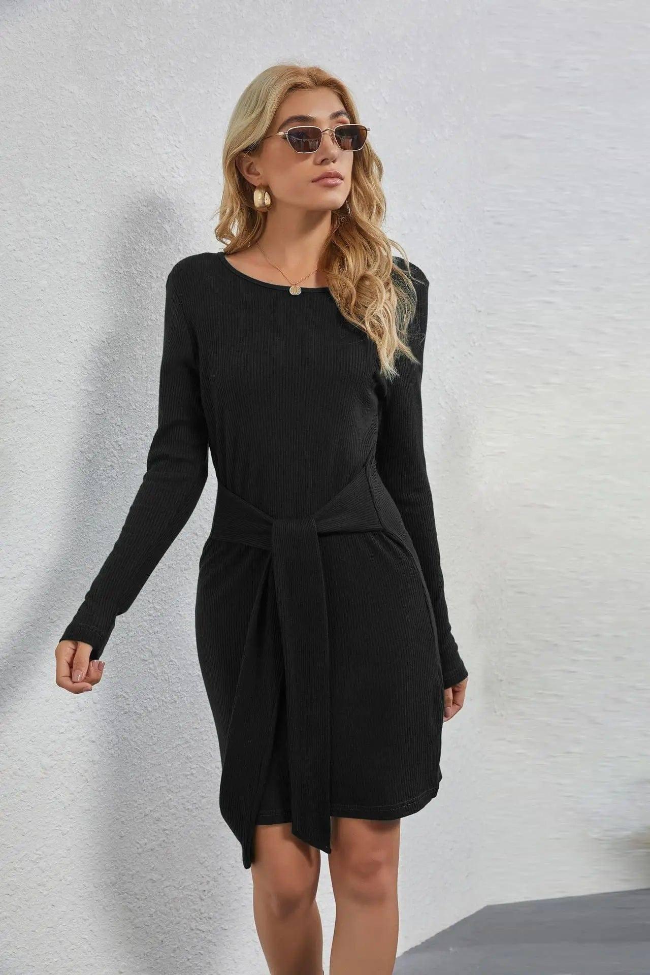 Women's Long Sleeve Hipster Dress-Black-1