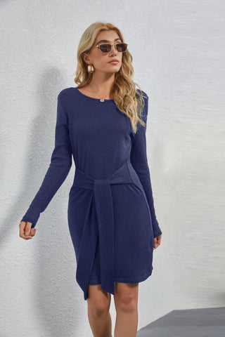 Women's Long Sleeve Hipster Dress-Navy Blue-4