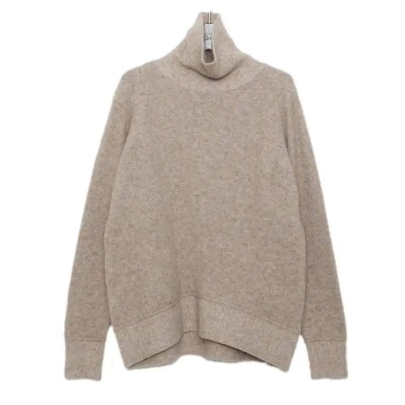 Women's loose knit sweater turtleneck sweater-Khaki-3