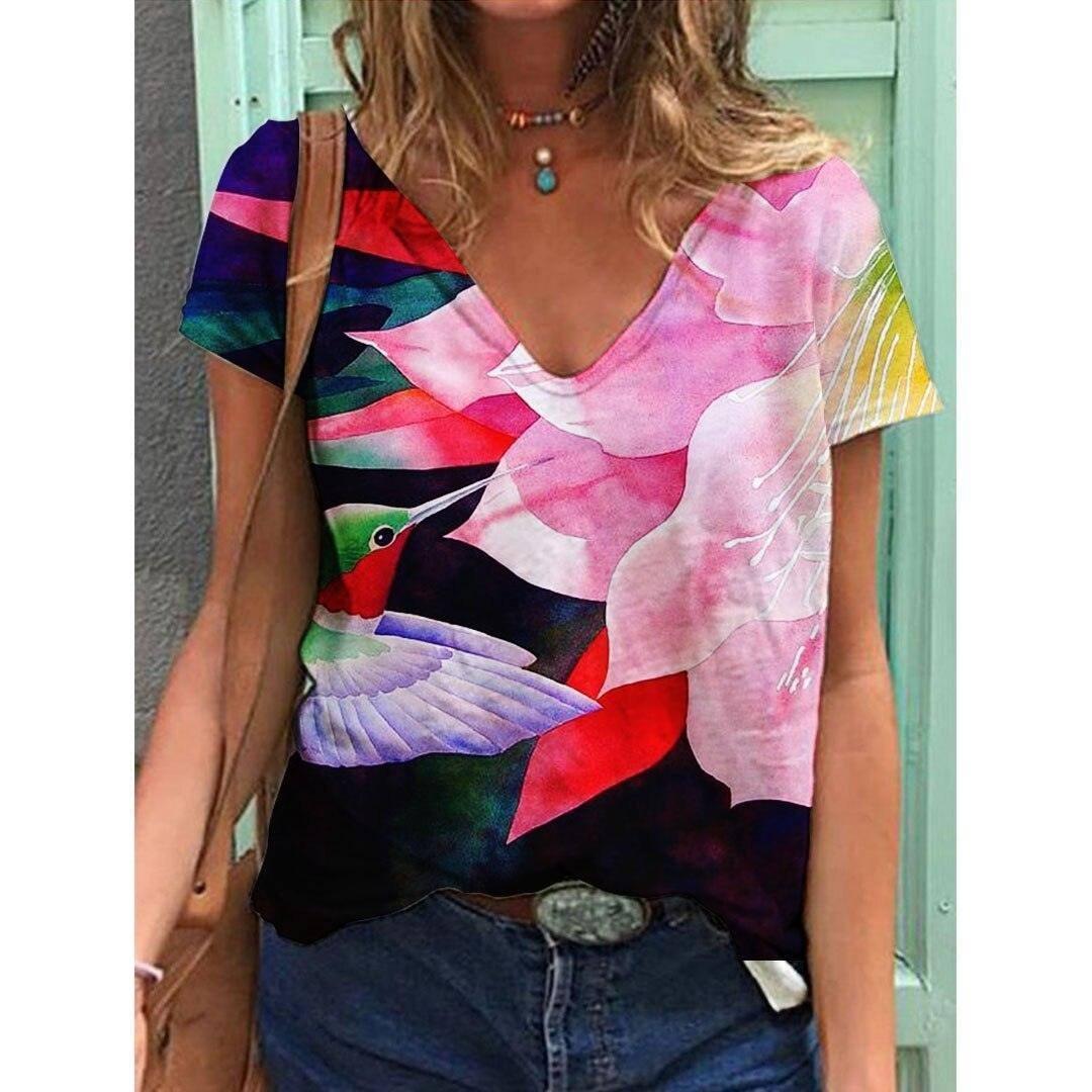 Women's Printed Short-sleeved T-shirt V-neck Loose Top-Style 1-2