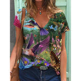 Women's Printed Short-sleeved T-shirt V-neck Loose Top-Style 5-7