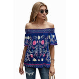 Women's Printed T-shirt Loose Off Shoulder Top-LC253506 Blue-5