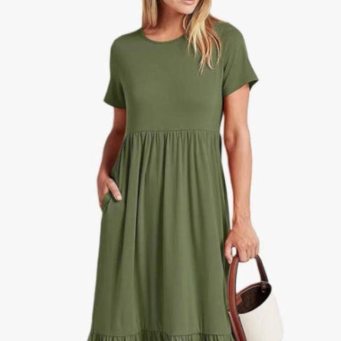 Women's round neck pleated solid color large hem dress-green-1