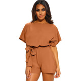 Women's Round Neck Short-sleeved Lace-up Jumpsuit Combi LOVEMI  Brown S 