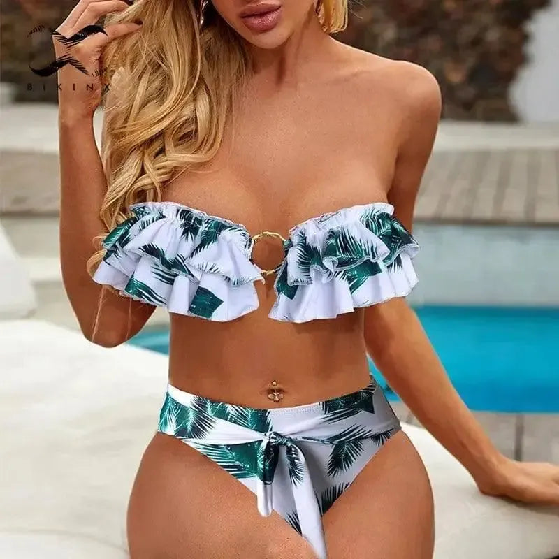 Women's Ruffled Swimsuit Solid Color Metal Ring Bikini-Green-3
